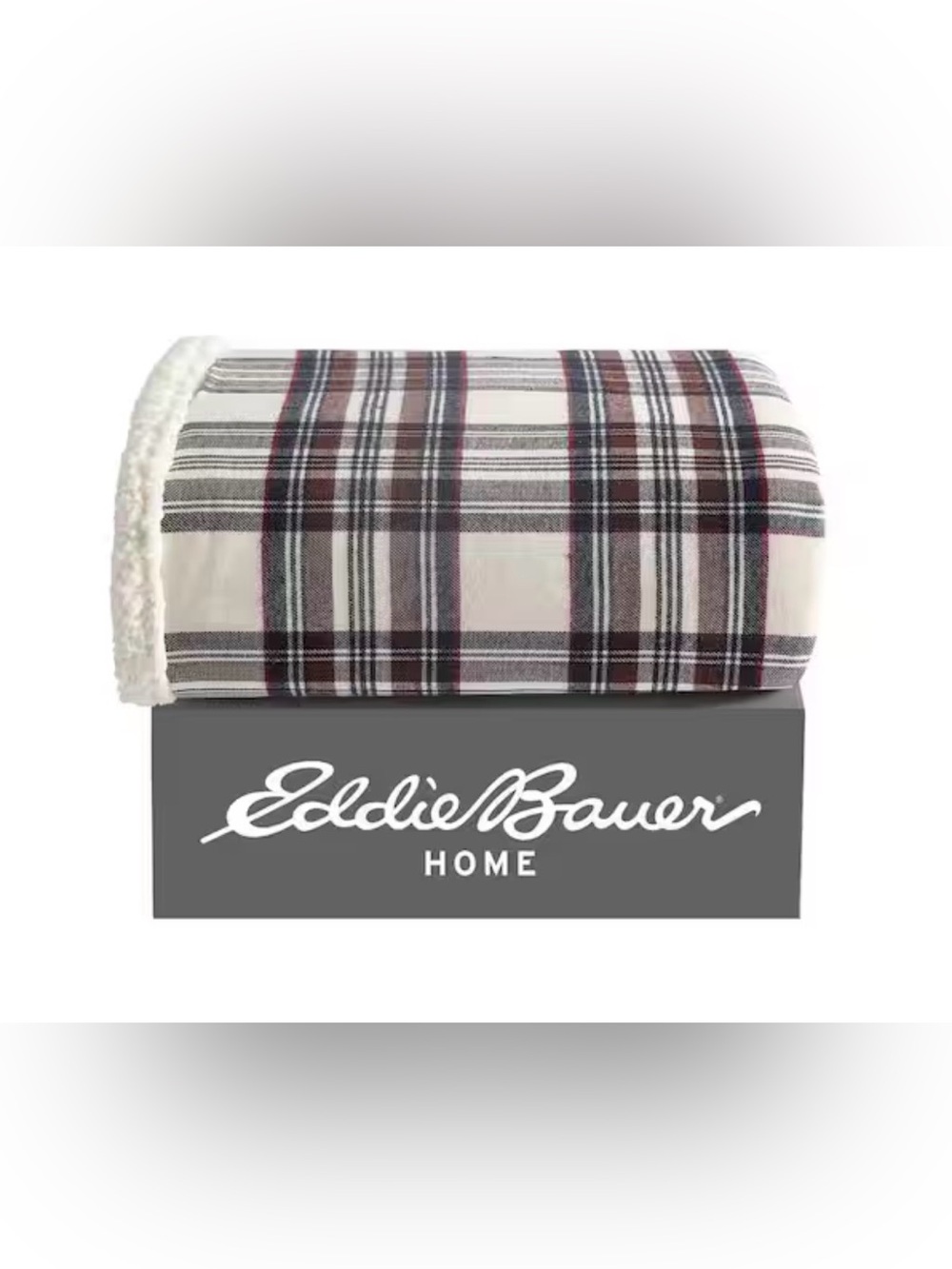 Eddie Bauer Plaid Sherpa Throw in Ivory, Gray & Burgundy